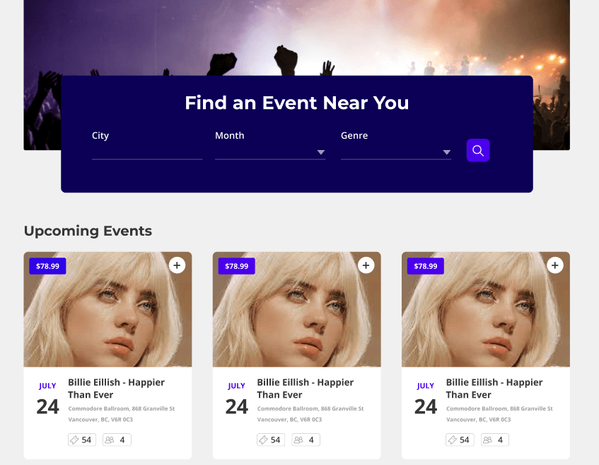 Web page loaded with concerts
